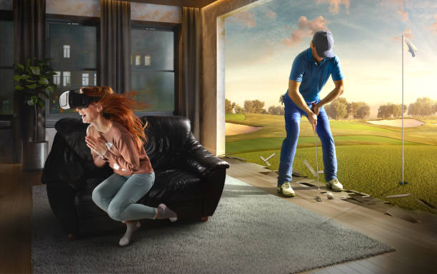 vr 유리에 여자입니다. 골프와 가상 현실 - golf women surprise playing 뉴스 사진 이미지