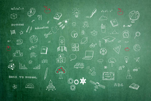 istock Educational childhood imagination and inspiration with students' hand drawing doodle on teacher's school green chalkboard in class for daydreaming mind map and stem education concept 1128781359