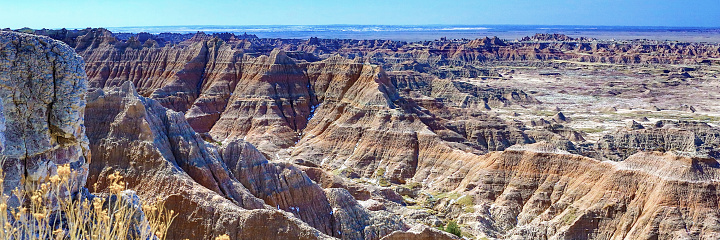 Rugged scenery of the Badlands National Park taken from an overlook point