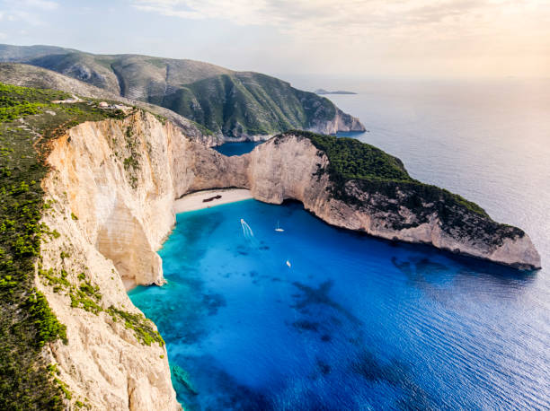 Aerial view of Shipwreck Beach Navagio beach with the famous wrecked ship in Zante, Greece zakynthos stock pictures, royalty-free photos & images