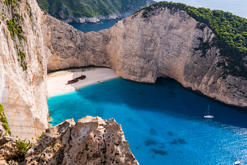 Navagio beach with the famous wrecked ship in Zante, Greece