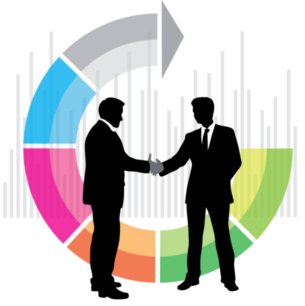 Business Verbal Agreement Shaking hands business men with colorful background banking silhouettes stock illustrations