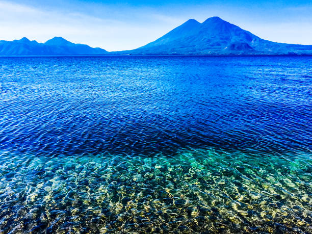Farm and mountain scene on the shore of Lake Atitlan, Guatemala, Central America.