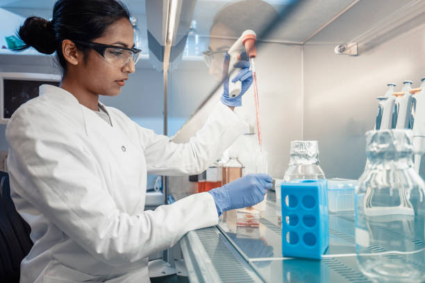jovem cientista feminina fizeram experiências em laboratório - genetic research men chemical protective glove - fotografias e filmes do acervo