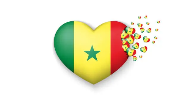 Vector illustration of With love to Senegal country. The national flag of Senegal fly out small hearts on white background