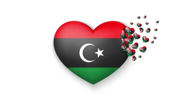 Vector illustration of National flag of Libya in heart illustration. With love to Libya country. The national flag of Libya fly out small hearts on white background