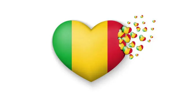 Vector illustration of National flag of Mali in heart illustration. With love to Mali country. The national flag of Mali fly out small hearts on white background