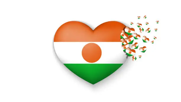 Vector illustration of National flag of Niger in heart illustration. With love to Niger country. The national flag of Niger fly out small hearts on white background