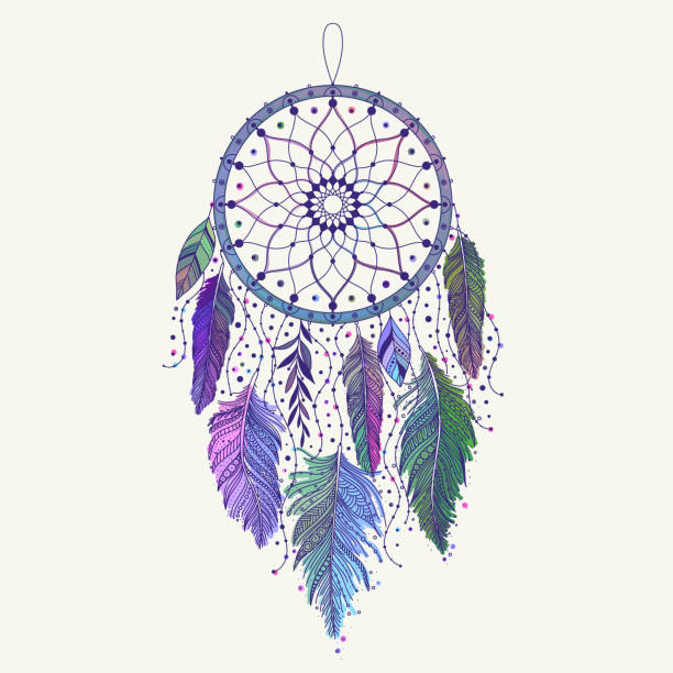 illustrazioni stock, clip art, cartoni animati e icone di tendenza di acchiappasogni disegnato a mano con piume colorate - dreamcatcher symbol mystery catching