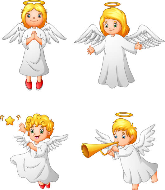 ilustraciones, imágenes clip art, dibujos animados e iconos de stock de sistema de colección de ángeles dibujos animados - rizitos