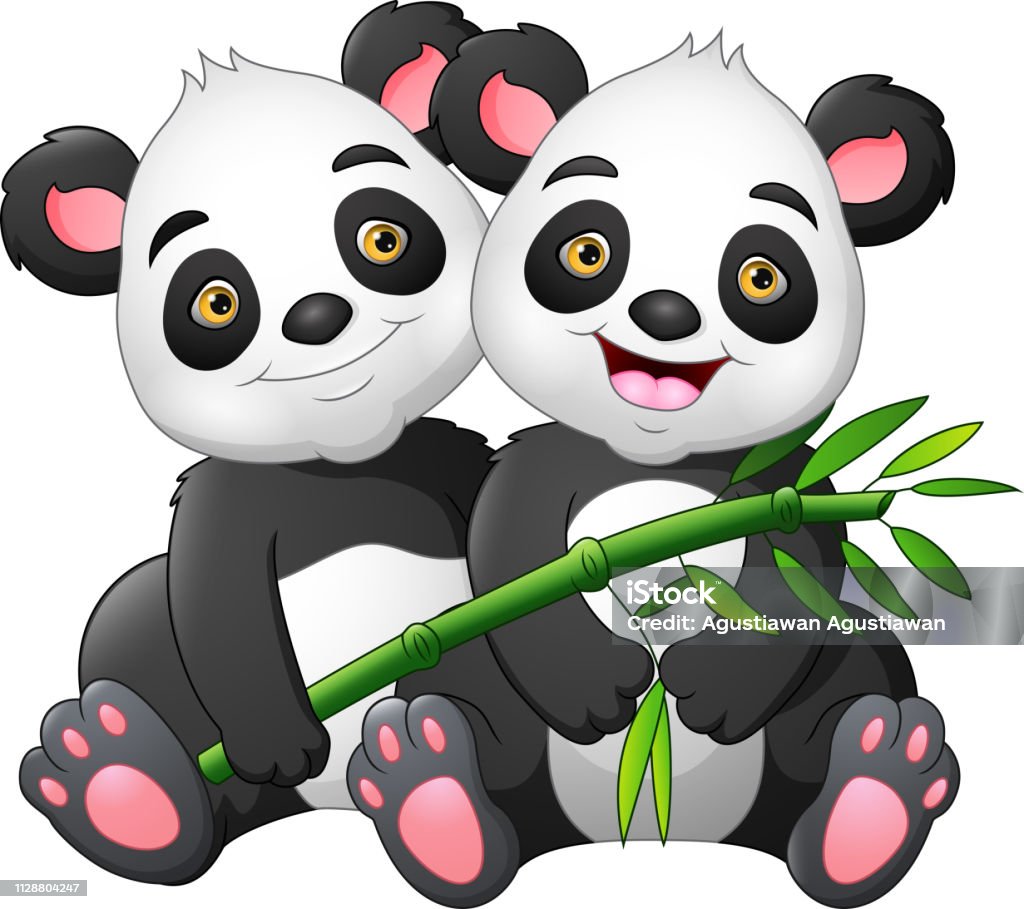 Cartoon Couple Panda With Green Bamboo Stock Illustration ...