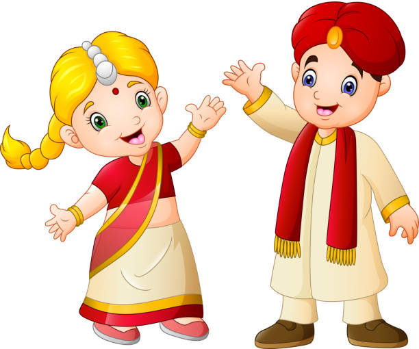 Cartoon Indian Couple Wearing Traditional Costumes Stock Illustration -  Download Image Now - Adult, Ancient, Bindi - iStock