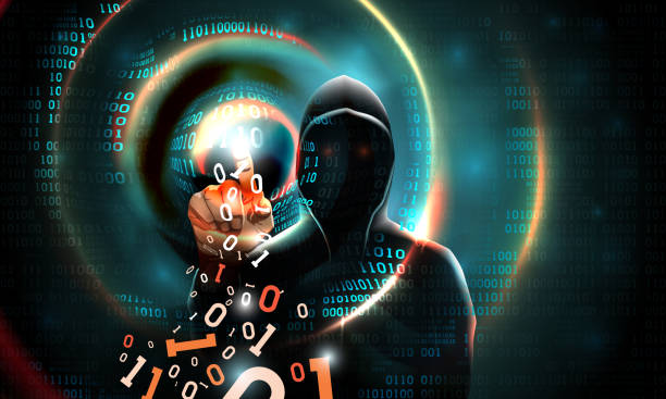 Computer hacker with a hood touches the touch screen binary code. Light waves on abstract binary dark background hacker silhouette. Hacking computer system, database server, data theft, vector Computer hacker with a hood touches the touch screen binary code. Light waves on abstract binary dark background hacker silhouette. Hacking computer system, database server, data theft, vector intercepting stock illustrations