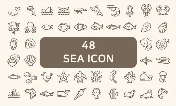 Vector illustration of Set of 48 sea life and ocean Vector Icons.