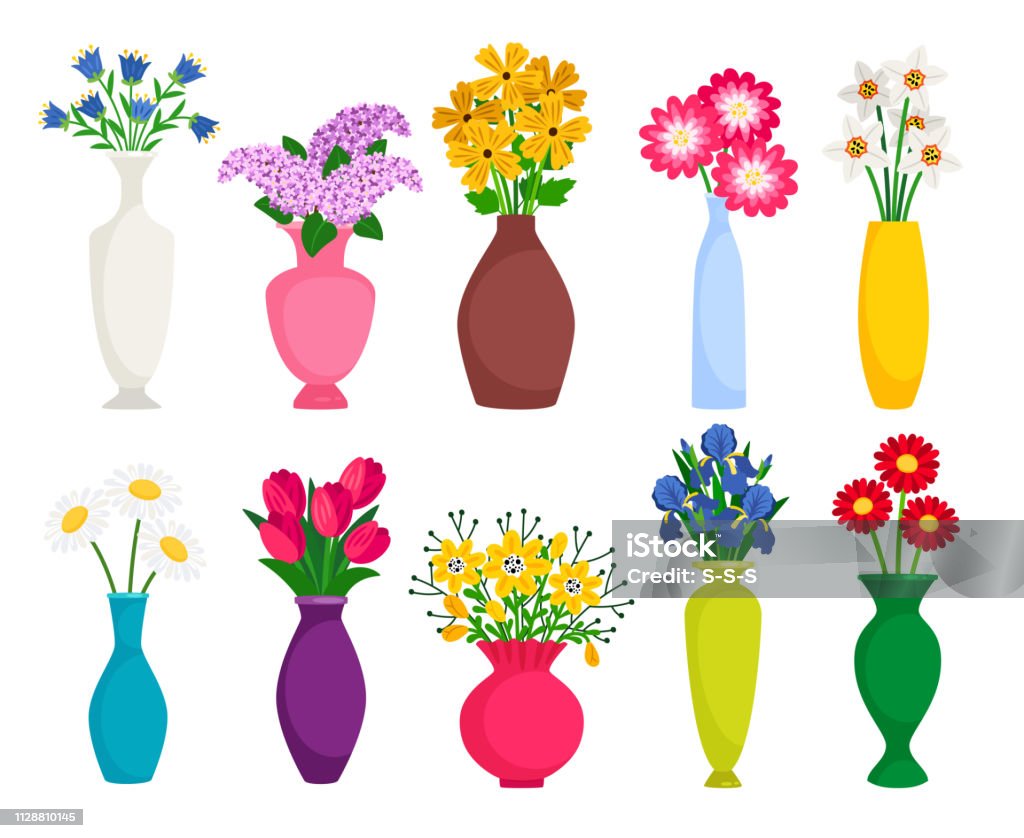 Set Of Colored Vases With Blooming Flowers For Decoration And ...