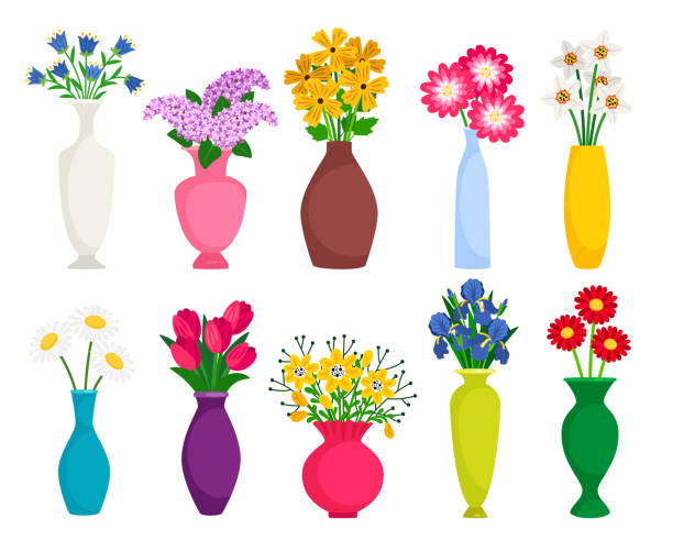 Set of colored vases with blooming flowers for decoration and interior Set of colored vases with blooming flowers for decoration and interior. Chamomile, tulip, poppy and lilac. Vector illustration vase stock illustrations
