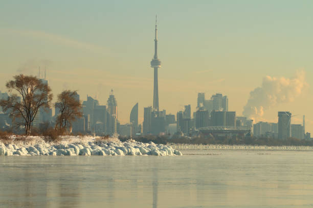 Toronto with Frozen Lake Ontario stock photo