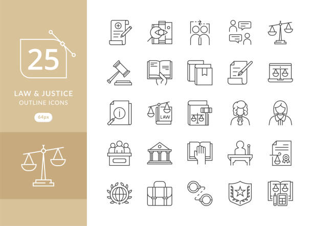 Law and Justice icons Law and Justice icons. Law and justice icon set suitable for info graphics, websites and print media. Modern thin line icons of law and lawyer service lawyer icons stock illustrations