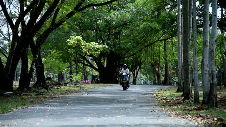 Young woman riding scooter.