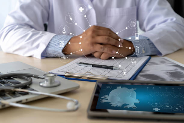 istock Health care writing prescription Doctor working modern virtual screen interface network 1128818354