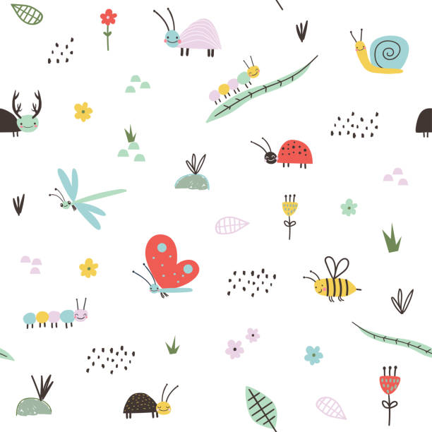 bildbanksillustrationer, clip art samt tecknat material och ikoner med sömlös barnslig mönster med söta insekter - school animal coloring
