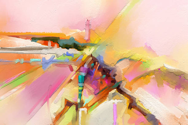 Abstract colorful oil, acrylic paint brush stroke on canvas texture. Semi abstract image of landscape painting background. Oil modern contemporary wall art paintings. Artwork colorful for background