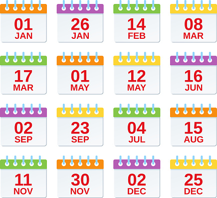 Calendar icon with dates. Vector. Set of annual appointments, yearly events template in flat design. Calendar organizer symbols isolated on white background. Color illustration. Computer graphic.