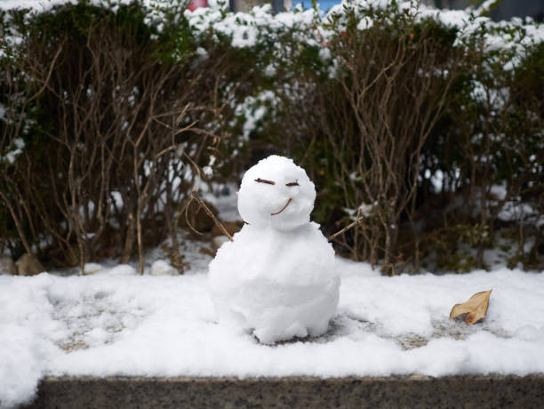 A snowman with a smiley face stock photo