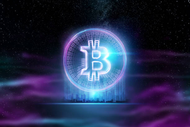 istock Bitcoin hologram, ultraviolet creative background. Cryptocurrency, electronic money, blockchain technology, finance, copy space. 1128831078