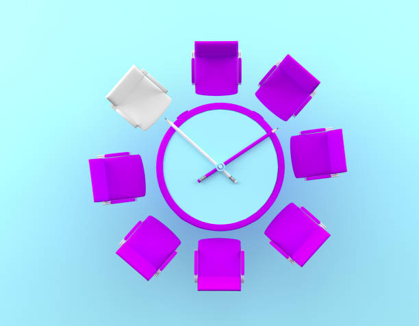 istock Creative idea layout pencil clock and  difference of the white chair on blue background. Minimal business concept. 1128831141