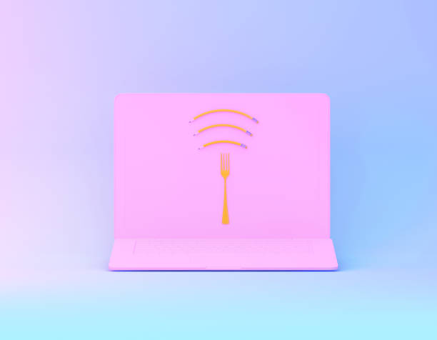 istock Wifi symbol creative idea layout made of fork with pencil on pink laptop in vibrant bold gradient purple and blue holographic colors. minimal surrealism art and Internet technology /networking concept 1128831214