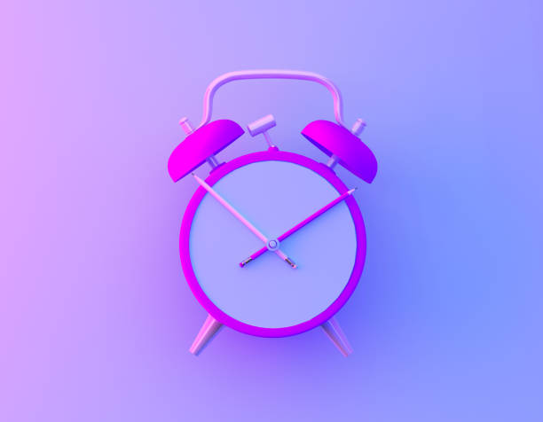 Creative idea layout slice alarm clock and pencil in vibrant bold gradient purple and blue holographic colors background. Minimal business and education concept.