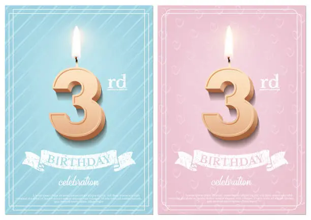 Vector illustration of Burning number 3 birthday candle with vintage ribbon and birthday celebration text on textured blue and pink backgrounds in postcard format. Vector vertical third birthday invitation templates.