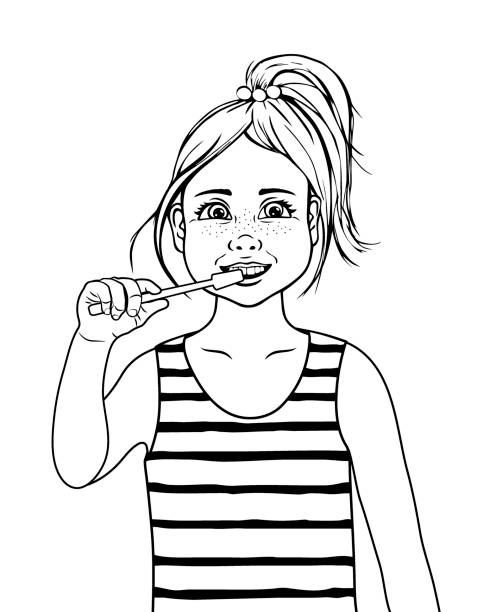 illustrations, cliparts, dessins animés et icônes de schéma page de coloriage de fille cute cartoon. livre de coloriage pour les enfants. routine quotidienne. jeune fille se brosser ses dents. illustration vectorielle, - human teeth vector illustration and painting cartoon