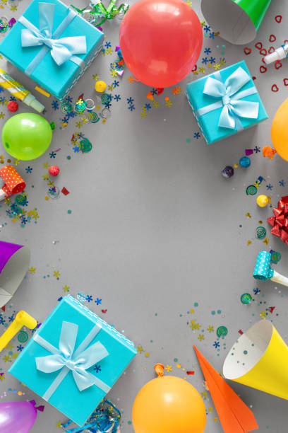 istock Frame Decoration Party Gray Background Top View Flat Lay 1128832487
