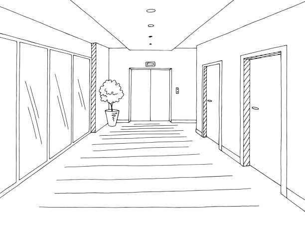 Corridor graphic black white interior sketch illustration vector Corridor graphic black white interior sketch illustration vector hospital drawings stock illustrations