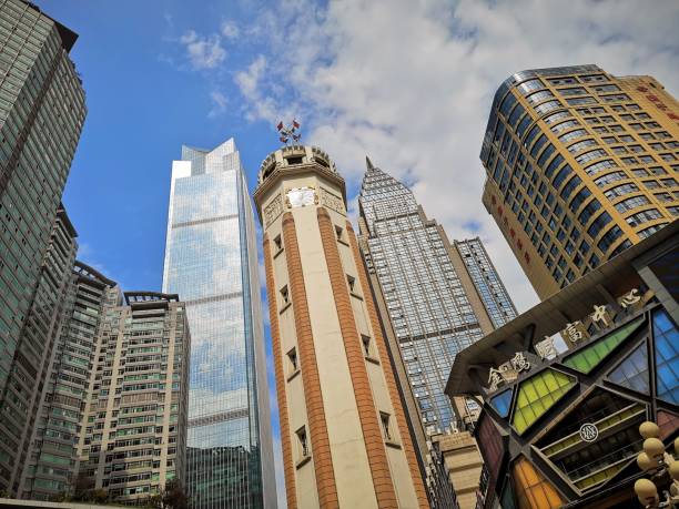 The iconic 27.5-metre tall People's Liberation Monument (World War II victory) in Jiefangbei, at the centre of Chongqing city, China