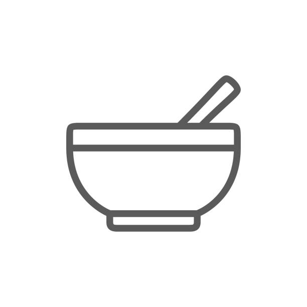 чаша с ложкой значок линии. - oatmeal heat bowl breakfast stock illustrations