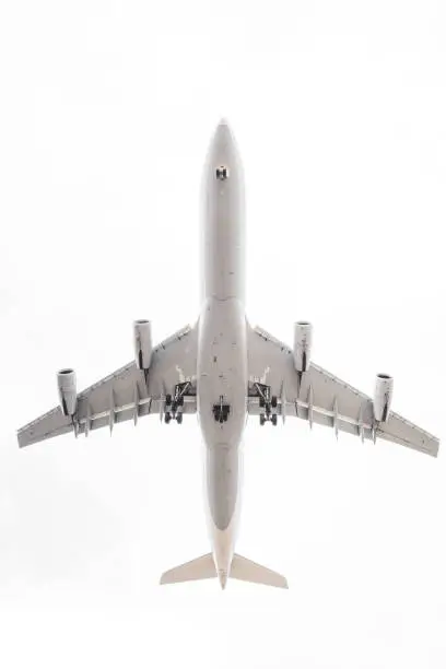 Passenger Airplane being on a short final just prior to landing. View from front and below.