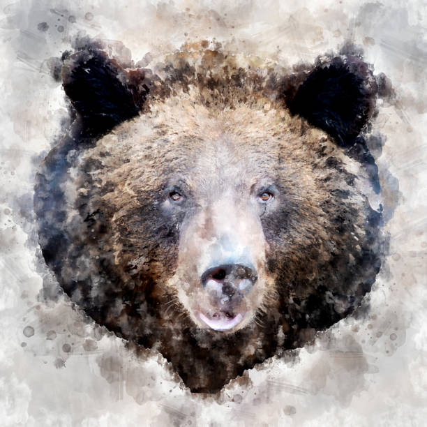 Watercolor illustration brown bear portrait. Beautiful wildlife world