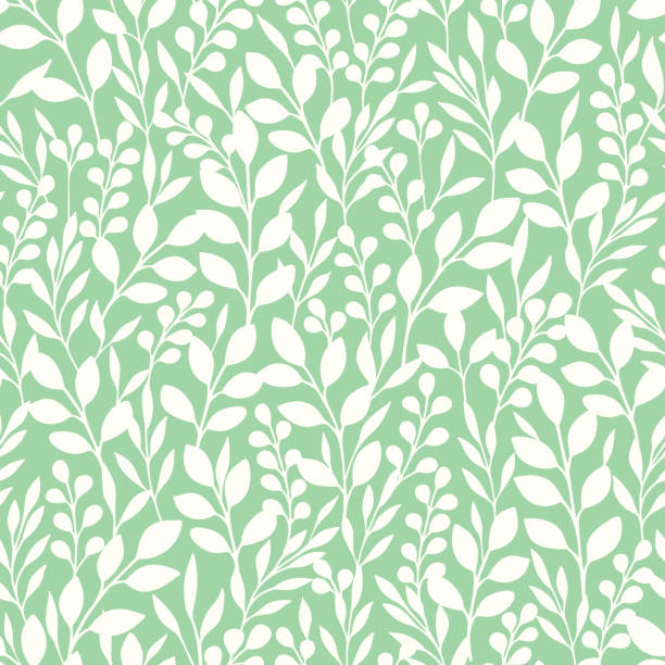 ilustrações de stock, clip art, desenhos animados e ícones de monochrome foliage silhouettes vector seamless pattern. mint and white abstract floral print. - spring flower tree decoration