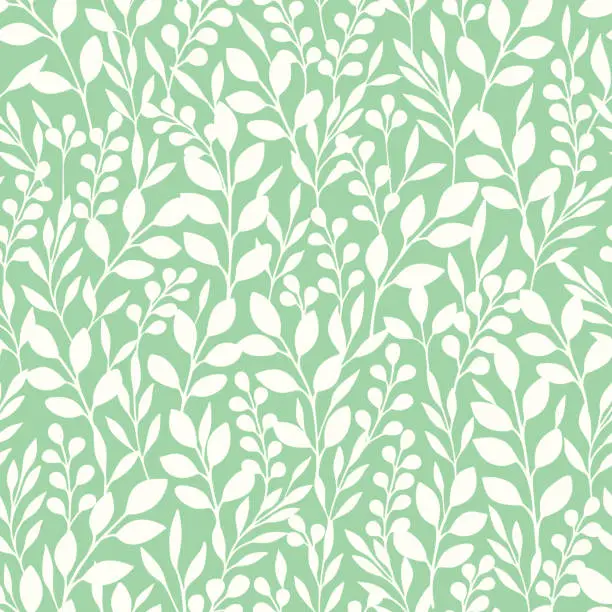 Vector illustration of Monochrome Foliage Silhouettes Vector Seamless Pattern. Mint and White Abstract Floral Print.