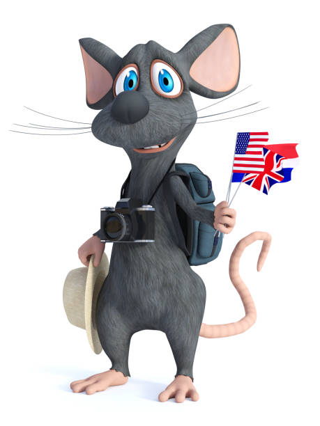 istock 3D rendering of a cartoon mouse tourist backpacking. 1128845884