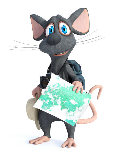 istock 3D rendering of a cartoon mouse tourist backpacking. 1128845885