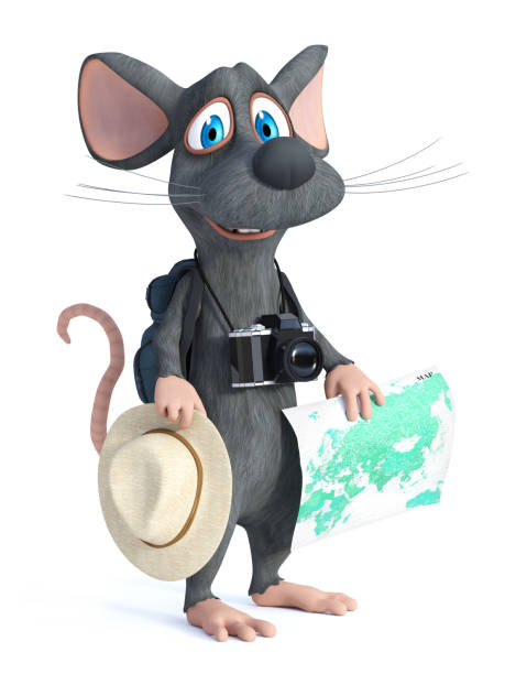 istock 3D rendering of a cartoon mouse tourist backpacking. 1128845896