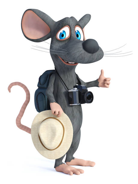 istock 3D rendering of a cartoon mouse tourist backpacking. 1128845902