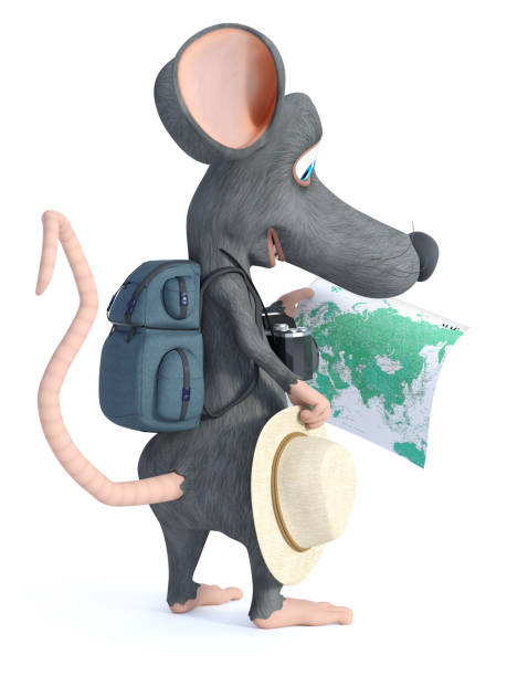 istock 3D rendering of a cartoon mouse tourist backpacking. 1128845905