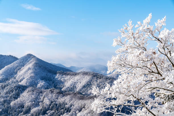 japan landscape scenic view from godaido hall observation deck, yamadera shrine temple, yamagata prefecture, tohoku region, asia with snow mountain valley in winter season. beautiful unseen in japan. - prefeitura de yamagata imagens e fotografias de stock