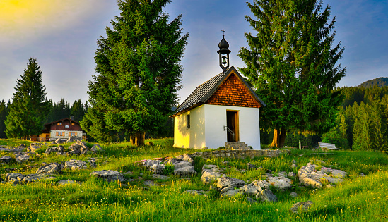 Chapel in the mountains on the alpine pasture, Bayern Winklmoosalm Reit im Winkl