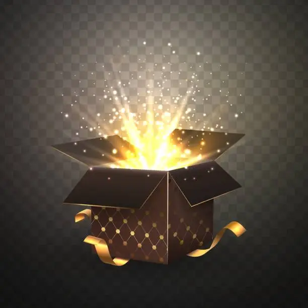 Vector illustration of Isolated luxury brown single gift box with bright rays 3d vector illustration on transparent background